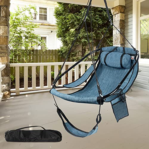 Photo 1 of Bathonly Hammock Chair with Foot Rest, Sky Chair with Metal Bar, Hanging Chair Outdoor with Side Pouch, Supportive Pillow, Max 330 LBS Capacity, BLUE
