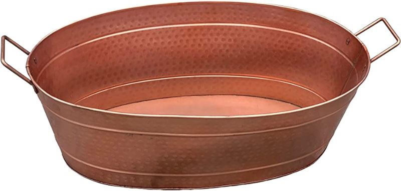 Photo 1 of Benjara Oval Shape Hammered Texture Metal Tub with 2 Side Handles, Large, Copper
