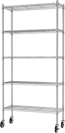 Photo 1 of 5-Shelf Storage Shelves with Casters Heavy Duty 5 Tiers Rolling Cart Utility Racks Adjustable Wire Metal Shelving, Chrome 13.98"D x 35.83"W x 76.46"H