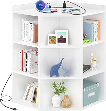 Photo 1 of Aheaplus Corner Cabinet, White Corner Storage with USB Ports and Outlets, Corner Cube Toy Storage for Small Space, Wooden Cubby Corner Bookshelf with 9 Cubes for Playroom, Bedroom, Living Room, White
