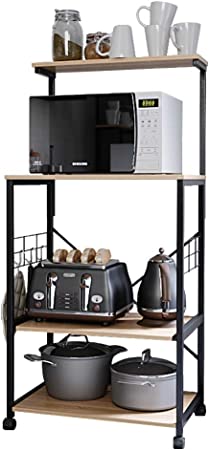 Photo 1 of Bestier Kitchen Bakers Rack Microwave Stand Kitchen Cart on Wheels Utility Storage Shelf with 10 Side Hooks Kitchen Organizer Shelves with Adjustable Feet
