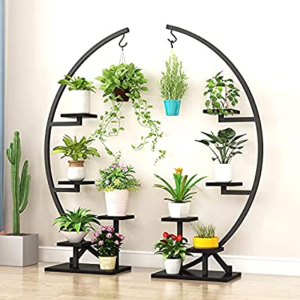 Photo 1 of AISUNDY 5 Tier Metal Plant Stand Full Black, Indoor Metal Plant Shelf Stand Decorative Bonsai Flower Shelves Pot Holder, Multi-Purpose Curved Metal Display Rack for Garden, Patio, Balcony (Full Black)
