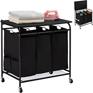 Photo 1 of HollyHOME Laundry Sorter Cart with Foldable Ironing Board with Removable 3 Bags Laundry Hamper Sorter with Small Cloth Bags on Both Sides Black
