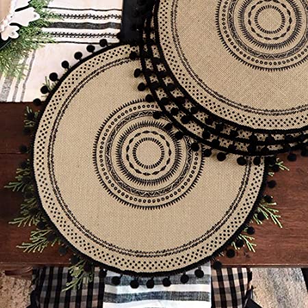 Photo 1 of Collive Boho Round Placemat 15 Inch - Farmhouse Woven Jute Fringe Table Mats Set of 4 with Pompom Tassel Place Mat for Dining Room Kitchen Table Decor, Black Tribal Folk
