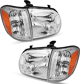 Photo 1 of  Headlight Assembly Compatible with 2005-2006 Toyota Tundra Headlight & 2005-2007 Sequoia Headlights Amber Reflectors Chrome Housing - Driver & Passenger Side
