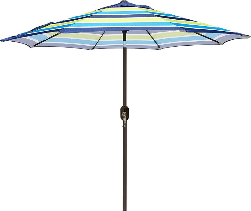 Photo 1 of Blissun 9' Outdoor Aluminum Patio Umbrella, Striped Patio Umbrella, Market Striped Umbrella with Push Button Tilt and Crank (Blue and Green)
