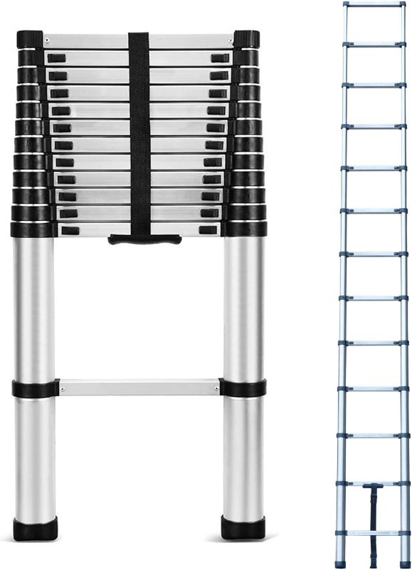Photo 1 of 12.5FT Telescopic Ladder Foldable Telescoping Extension Ladder Loft Ladder 330lb Load, 3.8M Stainless Steel Telescoping Ladder for Cleaning Gutter, Housework EN131
