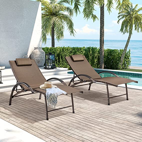 Photo 1 of Crestlive Products Adjustable Chaise Lounge Aluminum Lounge Chair Five-Position Outdoor Recliner with Padded Headrest & Curved Armrest All Weather for Patio, Beach, Yard, Pool (Brown)
