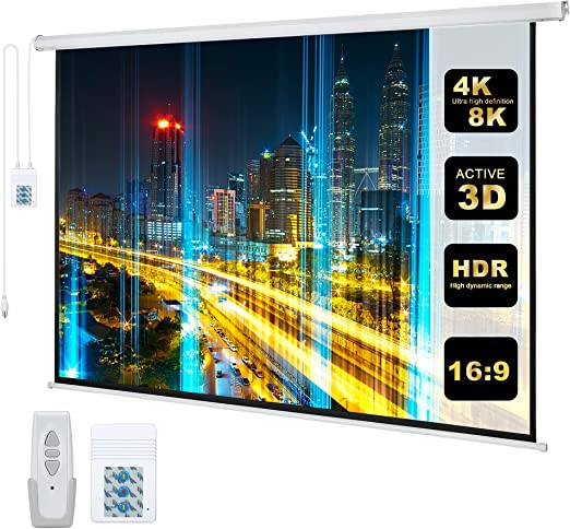 Photo 1 of 110" Motorized Projector Screen Electric Diagonal Automatic Projection 16:9 HD Movies Screen for Home Theater Presentation Education Outdoor Indoor W/Wireless Remote and Wall/Ceiling Mount (White)
