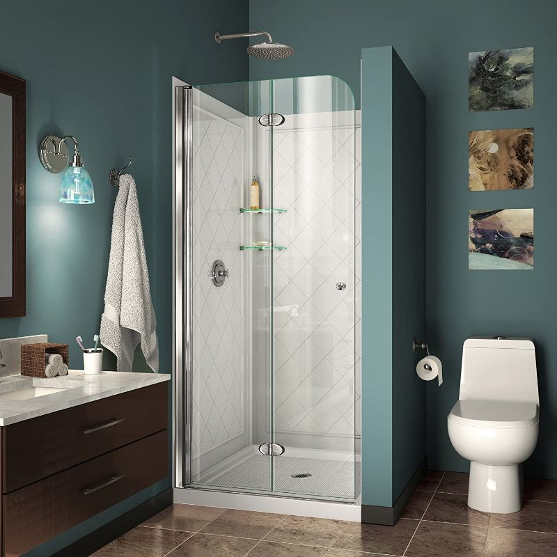 Photo 1 of DreamLine Aqua Fold 32 in. D x 32 in. W x 76 3/4 in. H Frameless Bi-Fold Shower Door in Chrome with White Base and Backwall Kit, DL-6527-01 ---- 3 BOX SET 