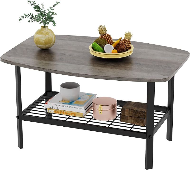 Photo 1 of Coffee Table, Small Coffee Table with Wooden Finish and Metal Legs, Oval Coffee Table with Storage Shelf, 2-Tier Modern Central Table for Living Room, and Office, Grey
