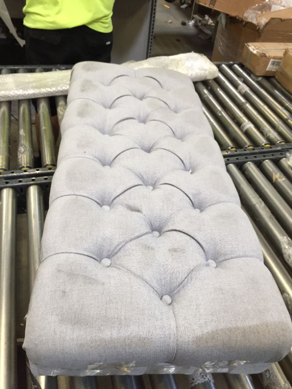 Photo 1 of 16x40Inch Grey Ottoman. No BOx Packaging Dirty From Ship[ping and Handling, Rip in Fabric. Tape on Item. Dirt Stains on Item. 