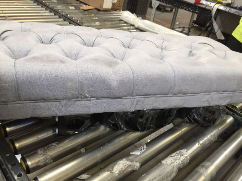 Photo 3 of 16x40Inch Grey Ottoman. No BOx Packaging Dirty From Ship[ping and Handling, Rip in Fabric. Tape on Item. Dirt Stains on Item. 