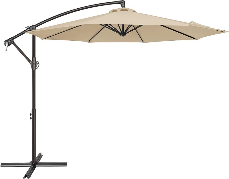 Photo 1 of MCADORE 10' Patio Offset Hanging Umbrella, Outdoor Market Cantilever Umbrella Polyester Material Shade UV Protection for Backyard, Garden, Lawn and Poolside w/8 Ribs & Easy Tilt Adjustment (Beige). Box Packaging Damaged, Moderate Use, Minor Scuffs and SCr