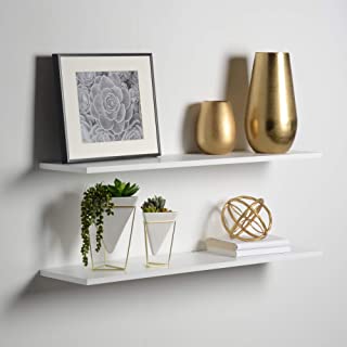 Photo 1 of 2-Pack Floating Shelves 36" x 8" x 1", White - Reforested Natural Wood Shelves - Thin Floating Shelf Easy Install - Decorations for Bedroom, Bathroom, or Kitchen - Modern Minimalist Aesthetic Decor. Corner of Wood is Damaged as Shown in Pictures, Hardware