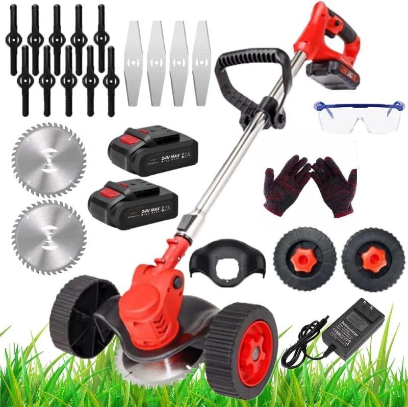 Photo 1 of Cordless Grass Trimmer Electric Weed Wacker, Cordless Weed Weeder Portable Garden Pruning Tool Rechargeable Battery Head can be rotated 90° Weed Eater with 2 Batteries and Quick Charger (Red)