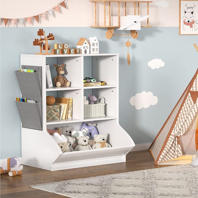 Photo 1 of Aheaplus Toy Storage Organizer with Bookcase, 40'' Tall 5 Cubby Bookshelf Toy Storage Cabinet, Open Multi-Bins Wooden Toys&Books Storage Display Organizer for Playroom, Bedroom, Nursery, School, White