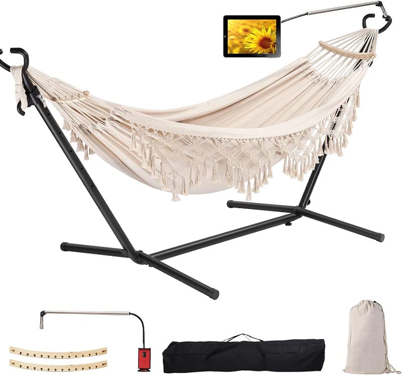 Photo 1 of  Hammock with Stand Upgraded Phone Holder Portable Heavy Duty Stainless Steel Indoor Outdoor Patio Yard Beach with Carrying Case, Beige