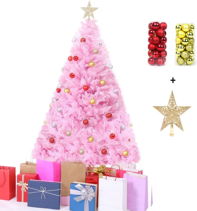 Photo 1 of 4ft/5ft/6ft Premium PVC Artificial Christmas Tree, with Christmas Tree Ornaments and Star Topper, for Xmas Holiday Home Indoor Outdoor Decoration, Foldable Metal Stand (Pink,4ft)
