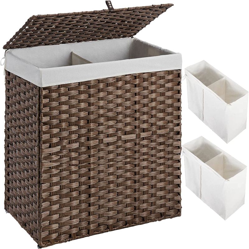 Photo 1 of Greenstell Laundry Hamper with 2 Removable Liner Bags, Divided Clothes Hamper, 110L Handwoven Synthetic Rattan Laundry Basket with Lid and Handles, Foldable & Easy to Install Brown 22.2x13.3x24 Inches
