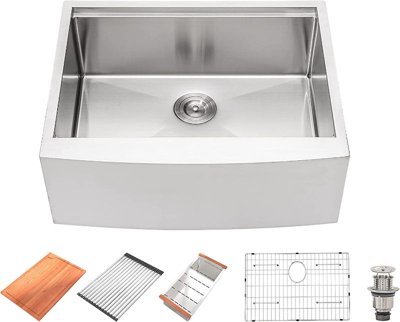 Photo 1 of 24 Inch Farmhouse Workstation Kitchen Sink - Beslend 24”x22”x10” Stainless Steel Apron Front 10 Inch Deep Single Bowl Farm Sink with Accessories
