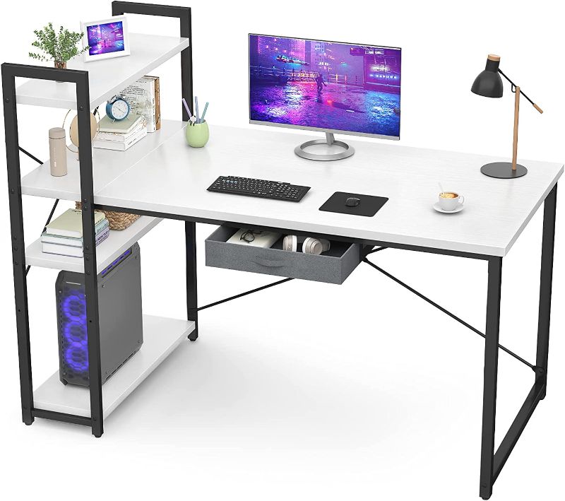 Photo 1 of Armocity Computer Desk with Storage Shelves 47 Inch Desk with Storage Drawers 2 Person Desk with Reversible Bookshelves Study Writing Table for Home Office Workstation Bedroom Small Space, White
