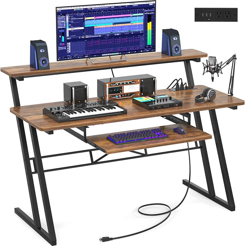 Photo 1 of Armocity 47'' Music Studio Desk with Power Outlet, Studio Desk for Music Production, Recording Studio Desk for Producer, Studio Workstation Desk for Music Recording, Piano Tray, Raised Stand, Rustic
