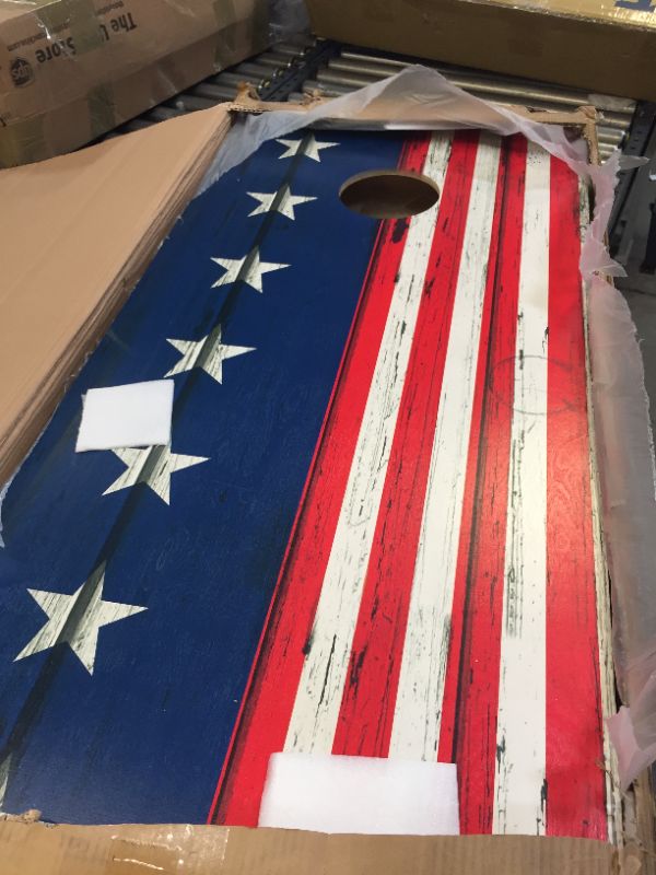 Photo 1 of Cornhole Set 4'x2' Regulation Size Cornhole Boards Solid Wood Printed Pattern,Includes 8 Regulation Bean Bags and Built-in Scorekeepers, for Beach, Camping, Lawn, Tailgating,Backyard and Outdoor Games
