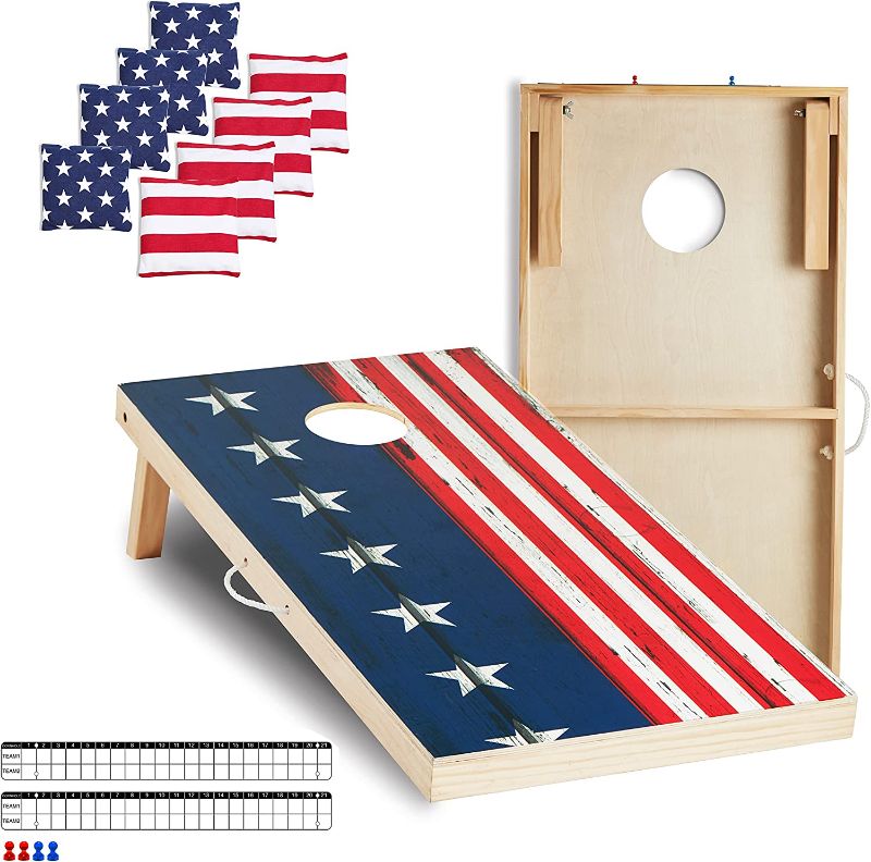 Photo 1 of Cornhole Set 4'x2' Regulation Size Cornhole Boards Solid Wood Printed Pattern,Includes 8 Regulation Bean Bags and Built-in Scorekeepers, for Beach, Camping, Lawn, Tailgating,Backyard and Outdoor Games
