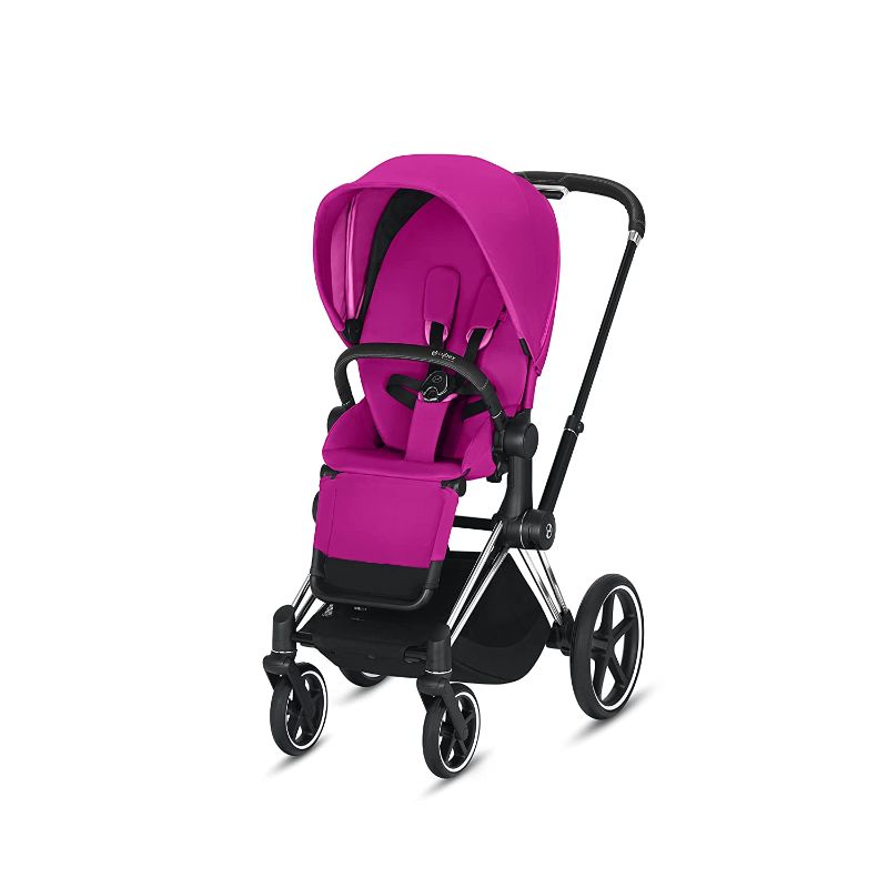 Photo 1 of Cybex e-Priam Complete Stroller, Smart Assist Technology, Rocking Mode, One-Hand Compact Fold, Reversible Seat, Smooth Ride All-Wheel Suspension, Fancy Pink Seat with Chrome/Black Frame
