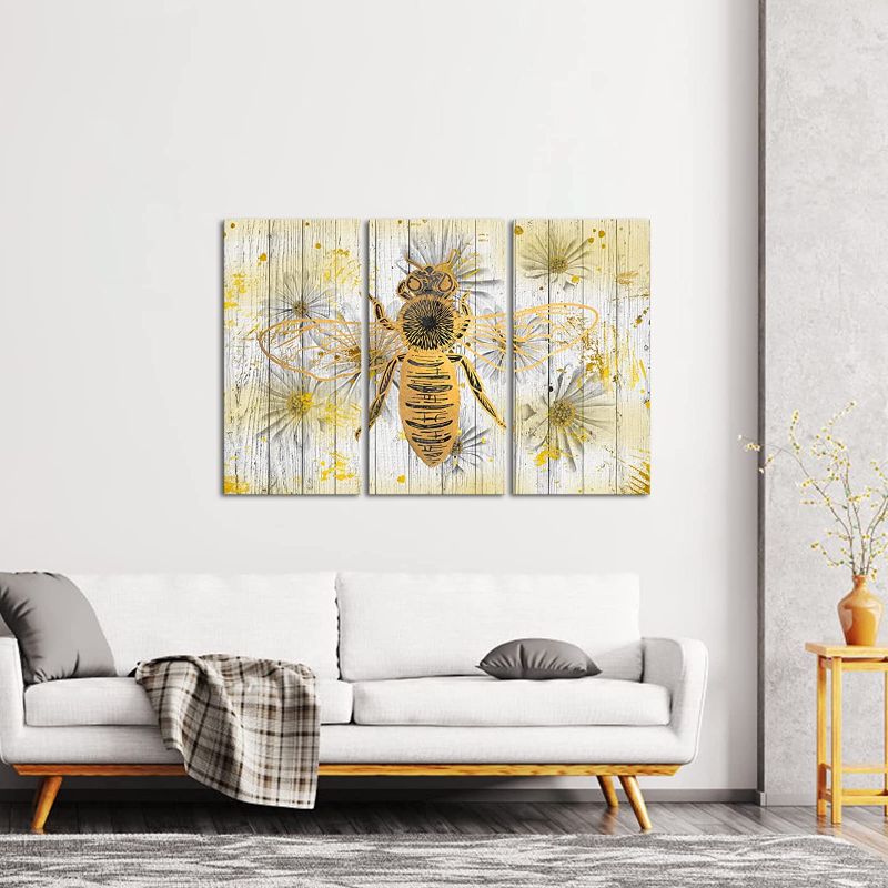 Photo 1 of 3 Panel Honey Bee Canvas Wall Art Gold Bumblebee Insect with Rustic Daisy Flower Poster Prints Wood Background Artwork for Farmhouse Home Kitchen Living Room Decoration Gallery Wrap
Color: Brown

