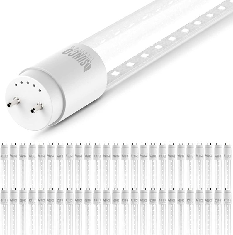 Photo 1 of Sunco Lighting 50 Pack T8 LED 4FT Tube Light Bulbs Ballast Bypass Fluorescent Replacement, 5000K Daylight, 18W, Clear Cover, Retrofit, Single Ended Power (SEP), Commercial Grade – UL, DLC
