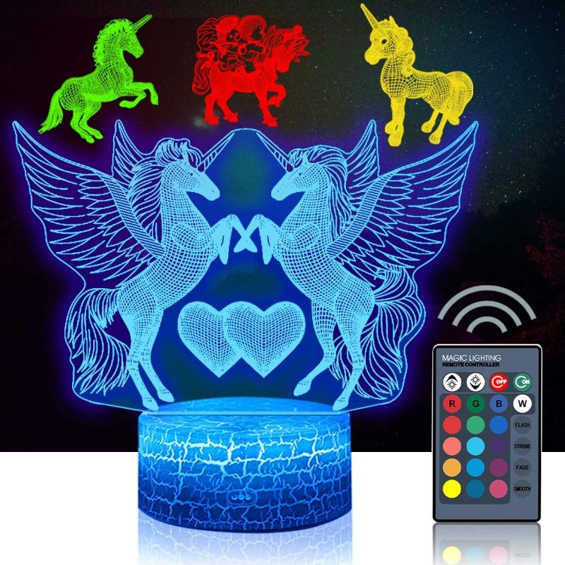 Photo 1 of 4 Pcs 3D Unicorn Night Light, DDDNIGHTLIGHT Led Illusion Lamp 16 Color Change Remote Control Decor Lights for Bed Living Room Kids Girls Boys Xmas 1709
