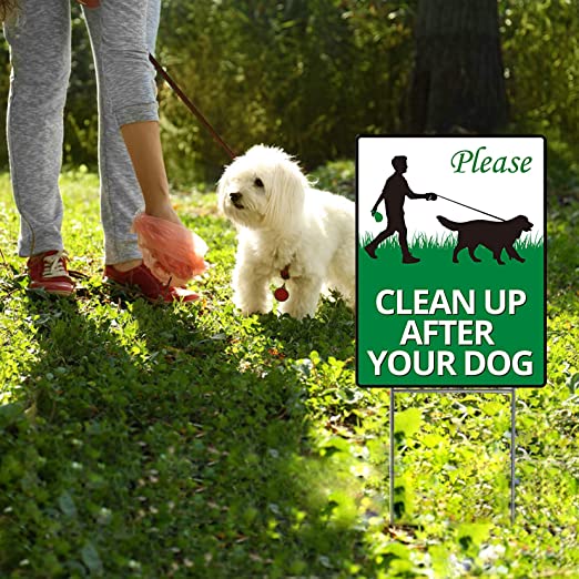 Photo 1 of Clean Up After Your Dog Sings,No Pooping Dog Signs for Yard,4 Pack 12" x 9" Dog Lawn Signs with Metal Wire H-Stakes Included,UVresistance, Waterproof,Easy to Install No Peeing dog Signs for Yard
