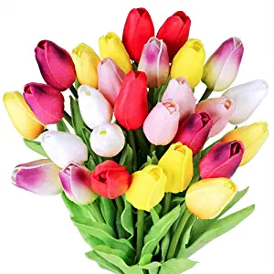 Photo 1 of 28 Pcs Multicolor Tulips Artificial Flowers Faux Tulip Stems Real Feel PU Tulips for Easter Spring Wreath Wedding Bouquet Centerpiece Floral Arrangement Cemetery Table Décor 14" Tall
