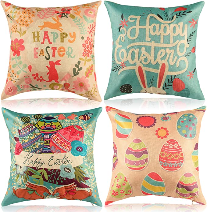 Photo 1 of Chuangdi 4 Pieces Easter Burlap Pillow Cases Happy Easter Pillow Cover Bunny Egg Cushion Cover Decorative Pillow Cover for Home Decorations Party Supplies
