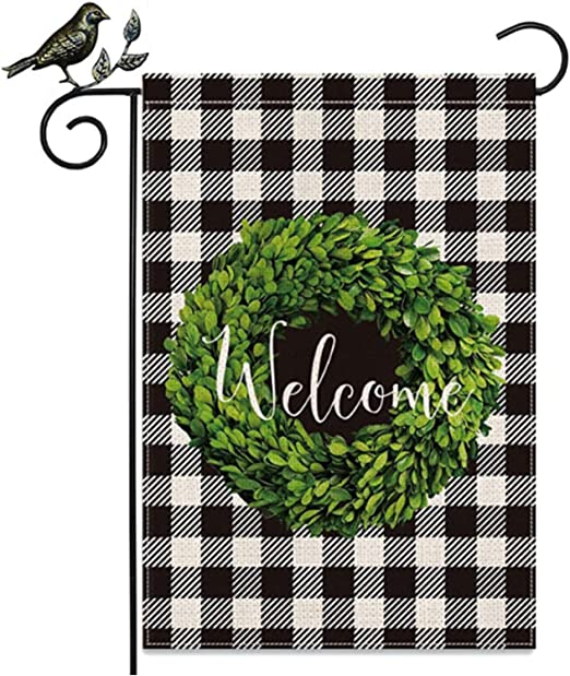 Photo 1 of Boxwood Wreath Welcome Garden Flag, 12.5 x 18.5 inches Burlap Garden Flag Double Sided Buffalo Check Plaid Yard Outdoor Farmhouse Decor,Small Garden Flag ---- 2 PACK 
