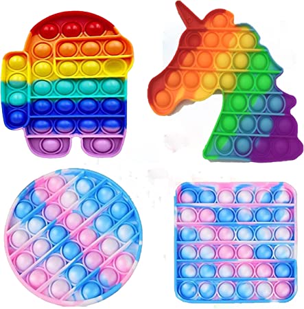 Photo 1 of 4 Pack Push Pop Bubble Fidget Sensory Toys - Silicone Fidgets Popper Game - Stress Reliver, Office Toys, Anxiety Relief Squeeze Sensory Toy, Autism, ADHD - Unicorn Among-us Circle & Square
