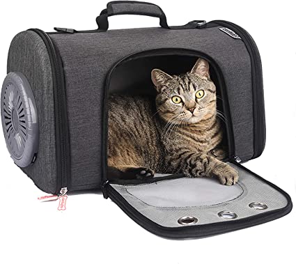 Photo 1 of "N/A" Brasspaw Pet Carrier for Cats and Puppies with Fan Ventilated Cat Carrier Breathable Small Dog Carriers for Travel Outdoor Hiking Grey
