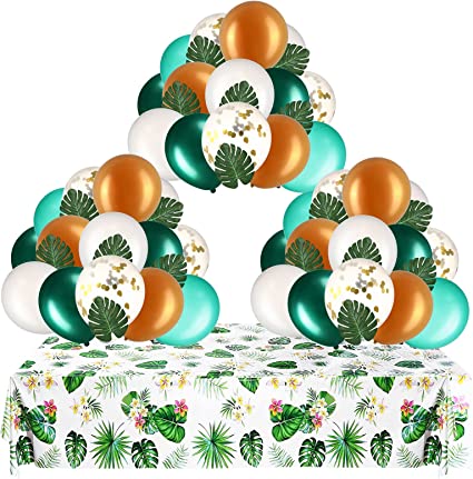 Photo 1 of 37 Pieces Jungle Safari Baby Shower Balloons Hawaii Palm Leaves Tablecloth 12 Inches Green White Gold Confetti Balloons Palm Leaves for Kids Boys Jungle Safari Birthday Baby Shower Decorations
