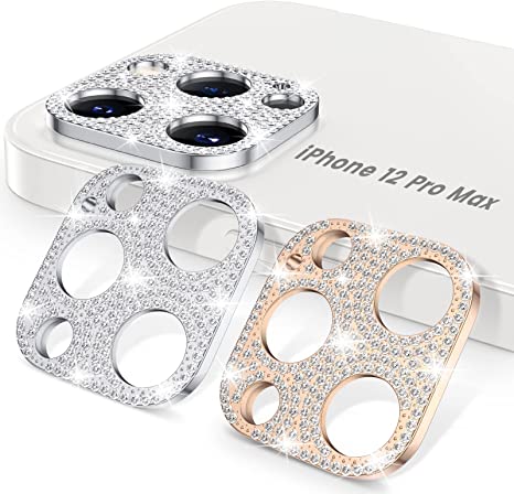 Photo 1 of [2 Pack] Goton for iPhone 12 Pro Max Camera Lens Protector, Bling Glitter Diamond Metal Lens Protective Decoration Cover for iPhone 12 Pro Max 6.7inch (Silver+Rose Gold) --- 4 pack 
