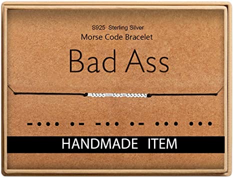Photo 1 of "Bad ass" Morse Code Bracelet Jewelry for Her Sterling Silver Beads on Silk Cord Valentine's Day Gifts for Women
