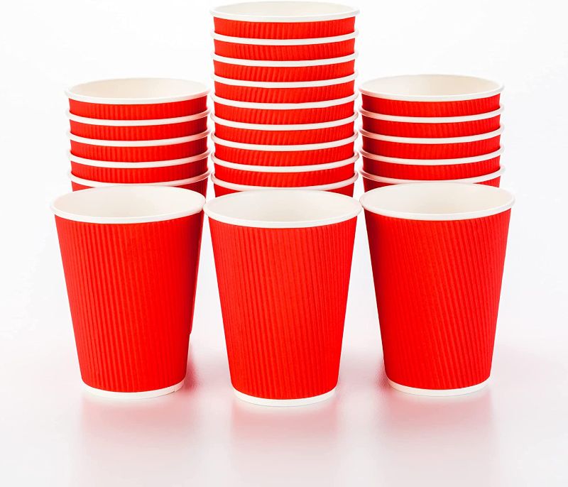 Photo 1 of 12 Ounce Paper Coffee Cups, 25 Ripple Disposable Paper Cups - Leakproof, Recyclable, Red Paper Hot Cups, Insulated, Matching Lids Sold Separately - Restaurantware
