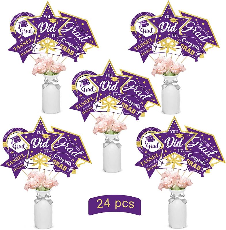 Photo 1 of 3 pack Purple and Gold Graduation Decorations Set of 24 Class of 2022 Table Decor Congrats Grad Party Centerpiece Sticks Table Toppers Graduation Party Supplies
