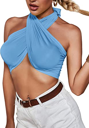 Photo 1 of Elfurie Women's Scarf Wrap Top Halter Wrap Crop Top Sexy Tie Back Strappy Bandage Multi Way, Blue, Small
