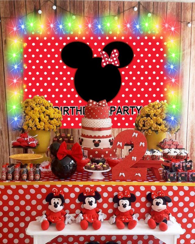 Photo 2 of 3 pack, Girl Mouse Birthday Party Decorations, Red Backdrop with Led Strips Lights Set for Kids, Cute Supplies Gift for Girls Boys , Happy Birthday Rainbow String Room Wall Bedroom Decor Photo Background
