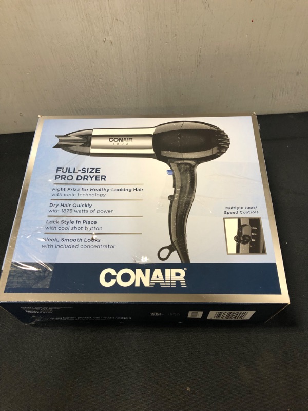 Photo 3 of Conair 1875 Watt Full Size Pro Hair Dryer with Ionic Conditioning , Black / Chrome, 1 Count
9BOX IS DAMAGED)