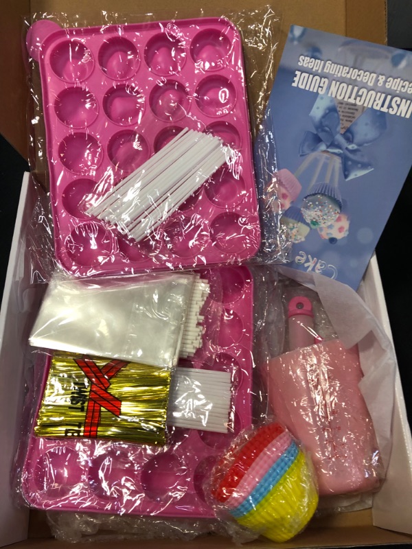 Photo 2 of Cake Pop Maker Kit with 2 Silicone Mold Sets with 3 Tier Cake Stand, Chocolate Candy Melts Pot, Silicone Cupcake Molds, Paper Lollipop Sticks, Decorating Pen with 4 Piping Tips, Bag and Twist Ties (BOX IS DAMAGED)
