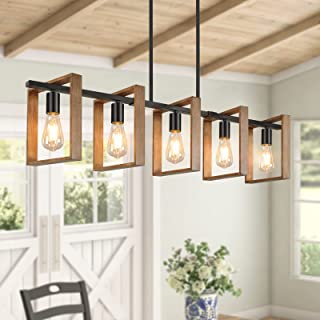 Photo 1 of 53’’ Farmhouse Kitchen Island Lighting, 5-Light Adjustable Dining Room Light Fixtures, Rustic Wood Chandeliers Black Hanging Light Fixtures for Kitchen, Pool Table Lights, Bulbs Not Included (POSSIBLE MISING ITEMS DUE TO DAMAGED BOX)
