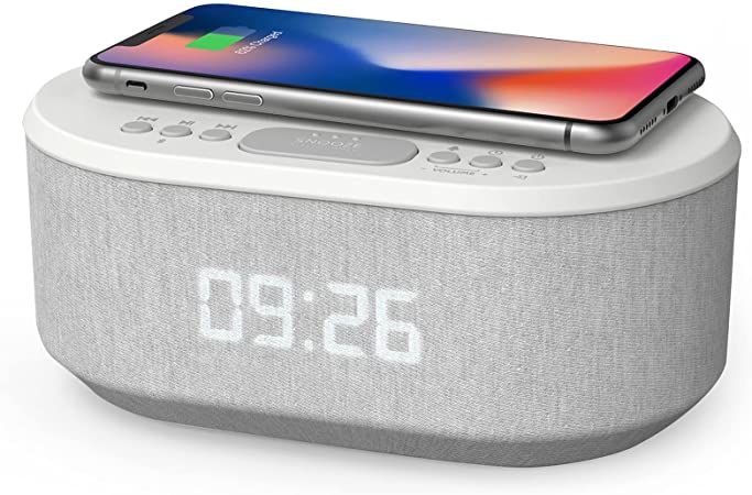 Photo 1 of Bedside Radio Alarm Clock with USB Charger, Bluetooth Speaker, QI Wireless Charging, Dual Alarm Dimmable LED Display (White)
